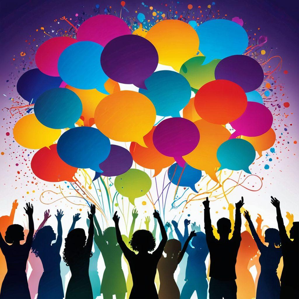 A vibrant explosion of colorful speech bubbles representing diverse customer feedback, intertwining with a glowing key symbolizing unlocking joy. In the background, there are silhouettes of people joyously engaging with products, surrounded by warmth and light. Emphasize a harmonious atmosphere of connection and insight. super-realistic. vibrant colors. soft focus background.