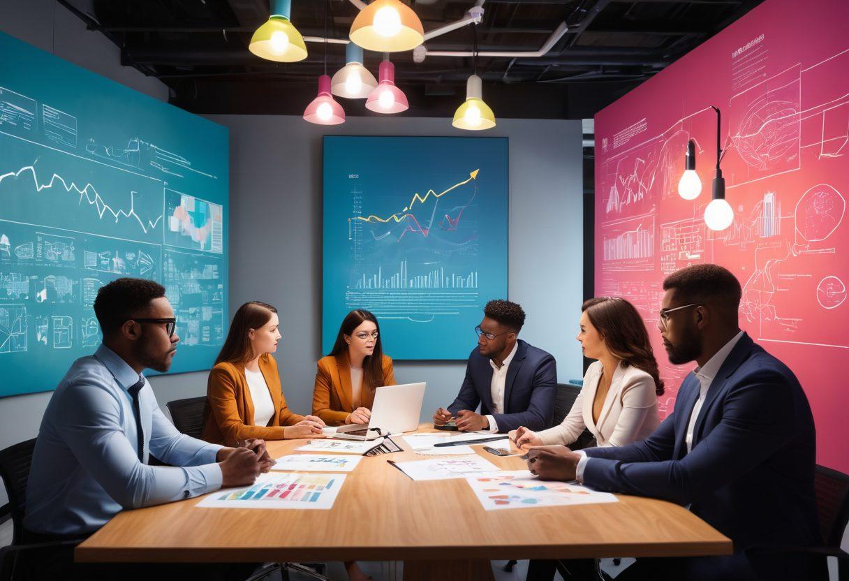 An abstract representation of a diverse group of people engaging in a brainstorming session, surrounded by colorful graphs and charts symbolizing user insights. The scene illustrates a sense of connection and collaboration, with vibrant light bulbs representing innovative ideas above their heads. Background features a modern office environment with soft-focused elements to emphasize the main subjects. super-realistic. vibrant colors. modern art.