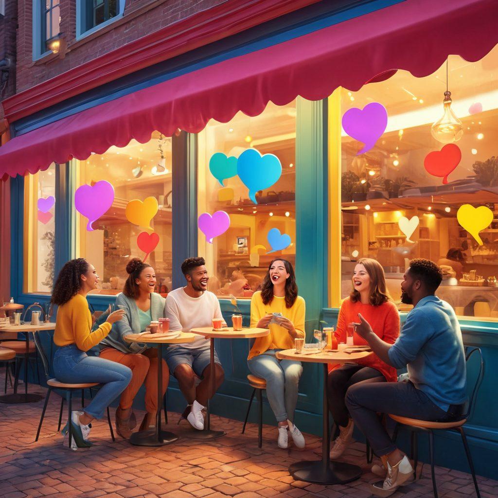 A vibrant scene of diverse people joyfully engaging in conversations, with animated sound waves and glowing speech bubbles illustrating their feedback. In the background, a stylized shop or café represents customer service. Include playful elements like hearts and smiley emojis to symbolize delight. The overall atmosphere should be warm and inviting, emphasizing connection and happiness. digital illustration. vibrant colors. playful style.